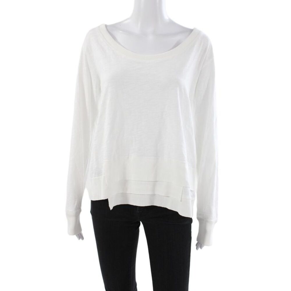 Leallo Women Basic Scoop Neck Long Sleeve Cotton T-Shirt White Size L